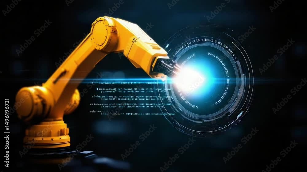 Poster robotic arm manipulating digital light in futuristic environment with high-tech circuits and pattern