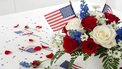 Patriotic Flower Arrangement with American Flag