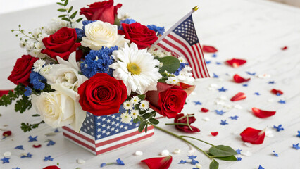 Patriotic Flower Arrangement with American Flag