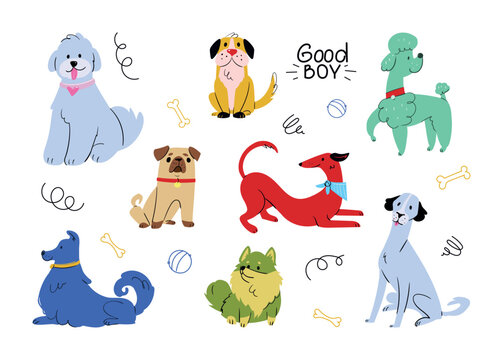 Set of cute hand-drawn dog doodles in cartoon flat style. Includes various breeds, fun text elements, toys, bones, and playful shapes. Perfect for kids, pet lovers, and creative dog-themed projects.