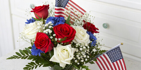 Patriotic Flower Arrangement with American Flag