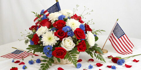 Patriotic Flower Arrangement with American Flag