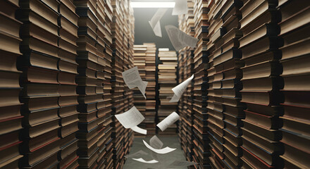 Books, Library, Corridor, Books and Papers Flying in Library Corridor