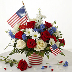 Patriotic Flower Arrangement with American Flag