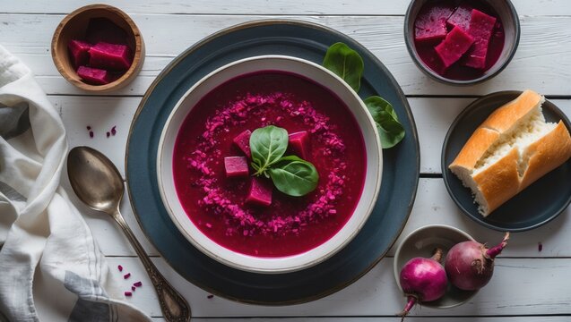 Traditional Ukrainian Russian Soup (Borscht). Beetroot Soup In Bowl On White Wooden Background With Copy Space. Top View, Flat Lay.. With Empty Copy Space For Text