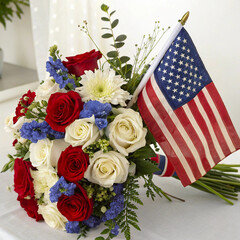 Patriotic Flower Arrangement with American Flag
