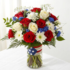 Patriotic Flower Arrangement with American Flag