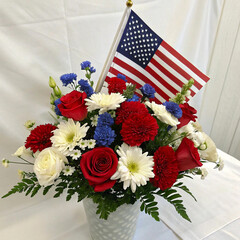 Patriotic Flower Arrangement with American Flag