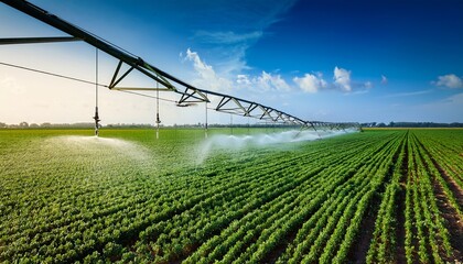 an irrigation system providing water to vibrant green crops