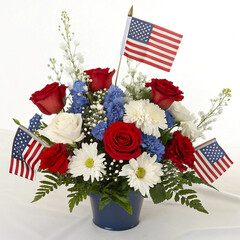 Patriotic Flower Arrangement with American Flag