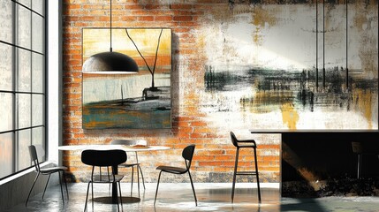 Industrial interior design with abstract artwork.