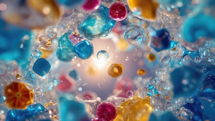 An abstract image of laundry detergent with colorful bubbles and splashes.