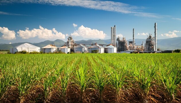 sugarcane plantation with processing factory in the backdrop sustainable agriculture and biofuel production
