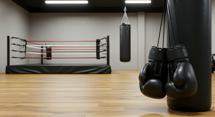Boxing gloves, Boxing ring, Gym, Boxing Gloves Hanging in Gym with Boxing Ring in Background