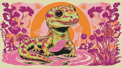 Cartoon Gecko in Floral Setting