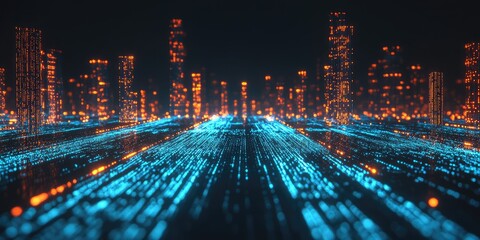 Futuristic cityscape at night, glowing with vibrant blue and orange digital streams converging towards the viewer