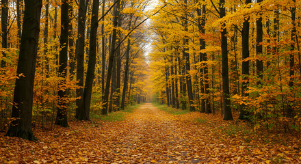 Autumn, Fall, Forest, Golden Autumn Path in the Forest