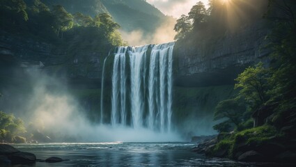 A breathtaking waterfall pours over rocky cliffs, encircled by vibrant greenery, with mist rising and sunlight glimmering, showcasing the majesty and calmness of nature.