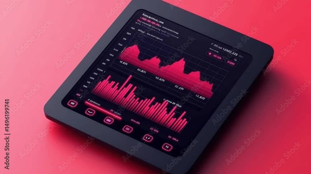 Poster modern digital dashboard with financial charts and graphs on a bright red background for data analys