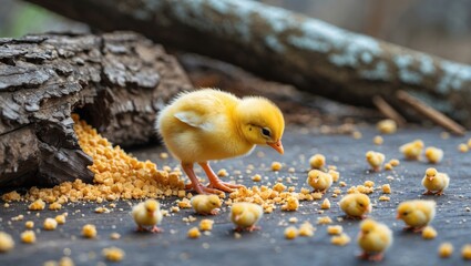 A curious chick exploring scattered breadcrumbs on a weathered log with empty space for text.
