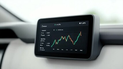 Modern touchscreen display showing financial graph with stock market data in a minimalist car interior design - Powered by Adobe