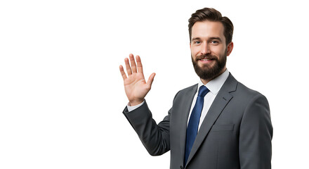 A professional businessman in a grey suit waves hello with a friendly and confident smile.