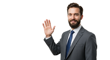 A professional businessman in a grey suit waves hello with a friendly and confident smile.