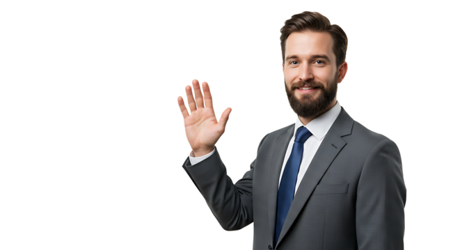 A professional businessman in a grey suit waves hello with a friendly and confident smile.