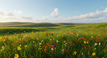 Obraz premium Wildflowers, Meadow, Field, Rolling Hills of Wildflowers at Sunset