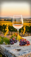 Wine glass and grapes in Provence vineyard at sunset, France tasting elegance and tranquility of winemaking
