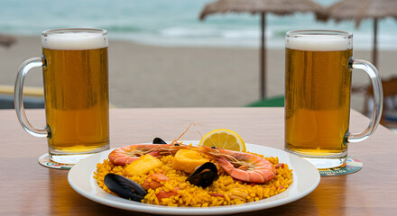 Paella, Seafood, Shrimp, Seafood Paella and Beer by the Beach
