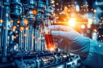 A gloved hand holds a vial of red liquid near a complex automated machinery system, illuminated with a dynamic network overlay
