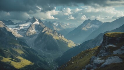 Fototapeta premium Picturesque places in mountains with view on mountain ridge and beautiful landscape in mountains, featuring empty copy space for text
