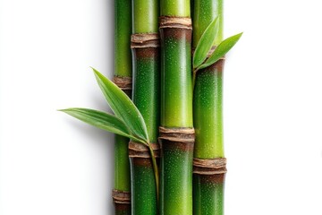 Fototapeta premium Fresh Bamboo Stalks with Dew Drops and Leaves Isolated on White Background for Nature Wellness