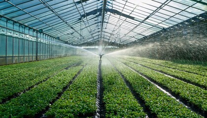 a greenhouse with a sprinkler system spraying water on the plants
