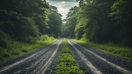 Fototapeta premium Green Summer Gravel Road with Empty Space for Text