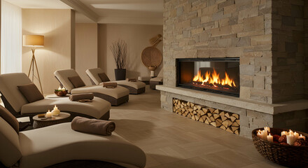 Spa, Relaxation, Lounge, Luxurious Spa Relaxation Room with Fireplace and Lounge Chairs