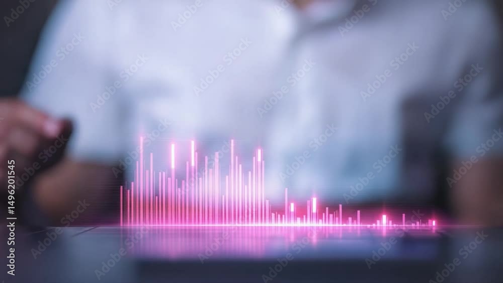 Poster hand interacting with digital interface for data visualization and technology concept in modern work