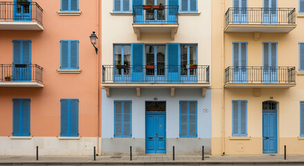 Obraz premium Building, Facade, Mediterranean, Colorful Mediterranean Building Facade with Blue Shutters and Balconies