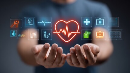 Closeup of hands holding stethoscope semitransparent overlay of floating healthtech icons heartbeat pill cross digital healthcare medical technology concept