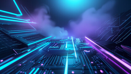 Futuristic Circuit Board with Neon Glow Highlights Advanced Technology