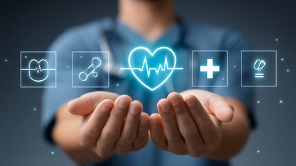 Closeup of hands holding stethoscope semitransparent overlay of floating healthtech icons heartbeat pill cross digital healthcare medical technology concept