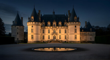 Fototapeta premium Chateau, Castle, French castle, Illuminated Chateau at Dusk