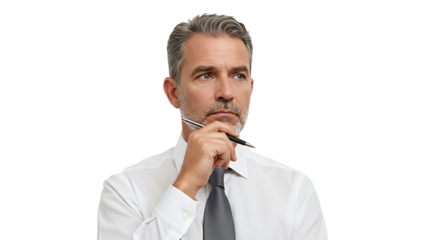 A serious businessman, deep in thought, holding a pen while looking off into the distance.