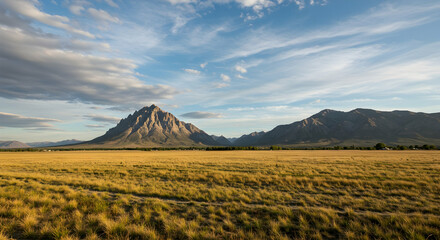 Naklejka premium Mountain range, Mountains, Peak, Majestic Mountain Range and Golden Grassland Under a Blue Sky
