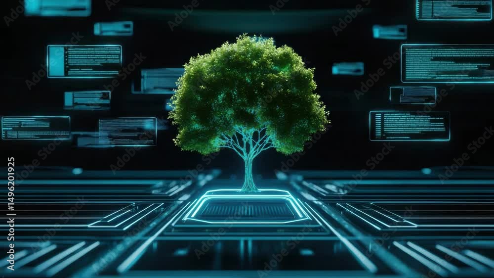 Poster futuristic green tree on computer circuit board with digital data overlay in a technology concept se