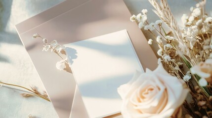 Elegant wedding menu mockup with floral decor, soft light, and blank stationery for personalized text