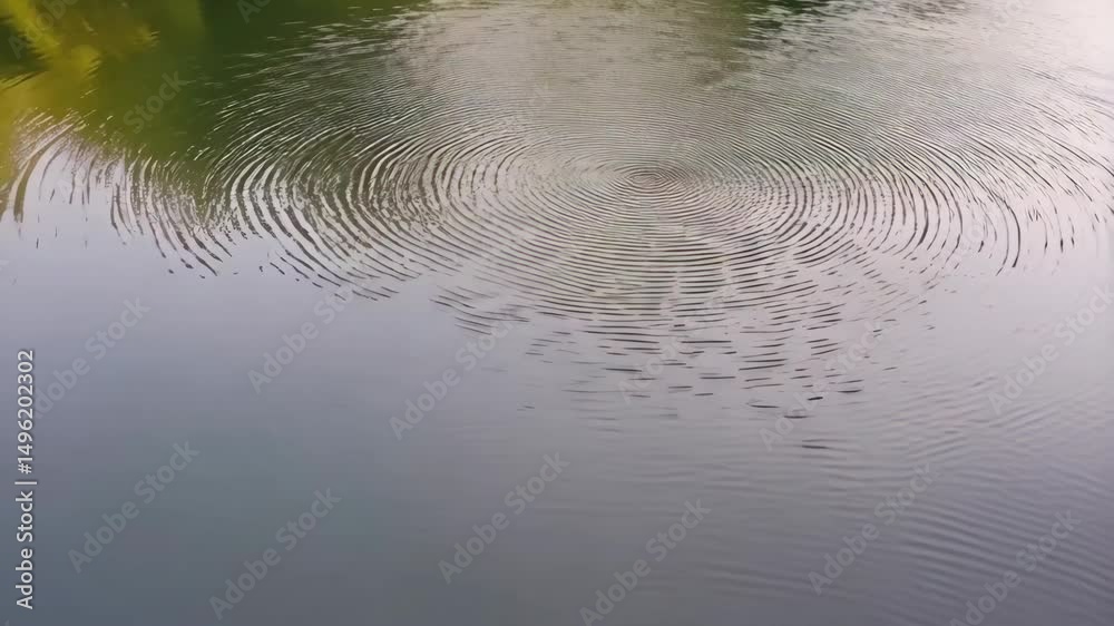 Poster undulating surface of pond water showing concentric wave patterns and surface reflections with fores