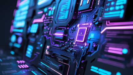 Futuristic Circuit Board with Neon Glow Highlights Advanced Technology