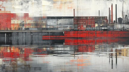Industrial waterfront scene depicted in abstract style.